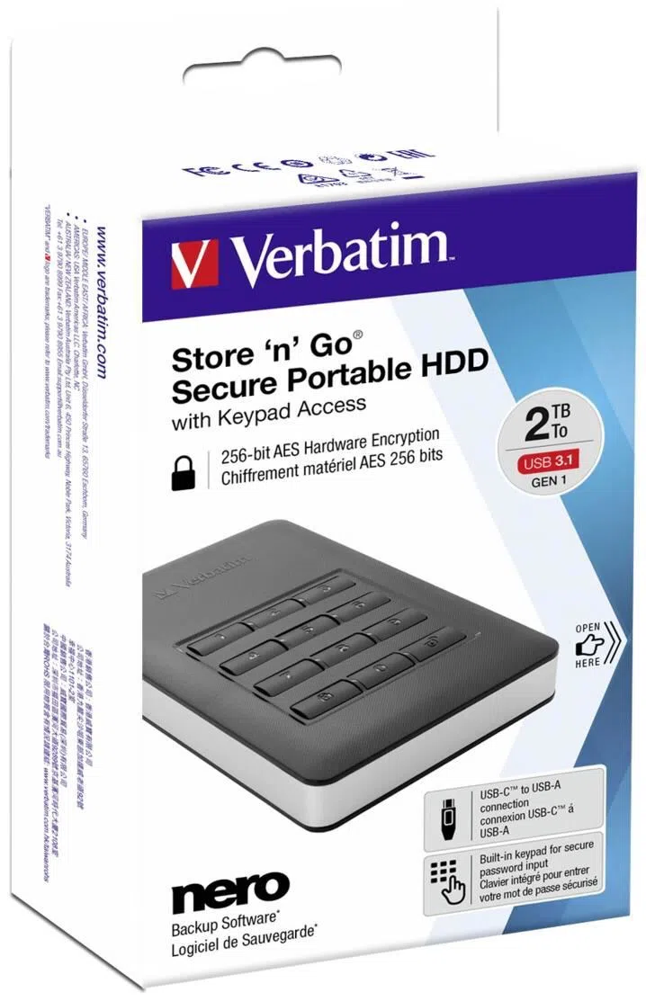 2.5" External HDD 2.0TB (USB3.0/USB-C) Verbatim "Store 'n' Go with Keypad Access", Black, AES 256-bit Hardware Encryption, Built-in keypad for password input, Nero Backup Software, Green Button Energy Saving Software