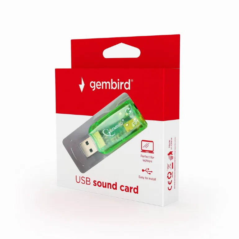 Gembird SC-USB-01 "Virtus" USB Sound Card, connectors: USB A-type male, 3.5mm stereo headphone jack, 3.5mm microphone input jack, 3.5 mm line-in jack