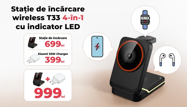Stație de încărcare wireless T33 4-în-1 cu indicator LED